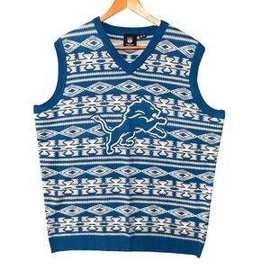 Detroit Lions Blue Fair Isle Sweater Vest Mens XL V-Neck Knit NFL Team Apparel